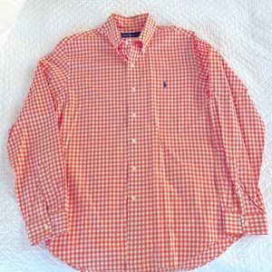 RALPH LAUREN Men’s Large Orange/White Check Blue Pony Button down shirt